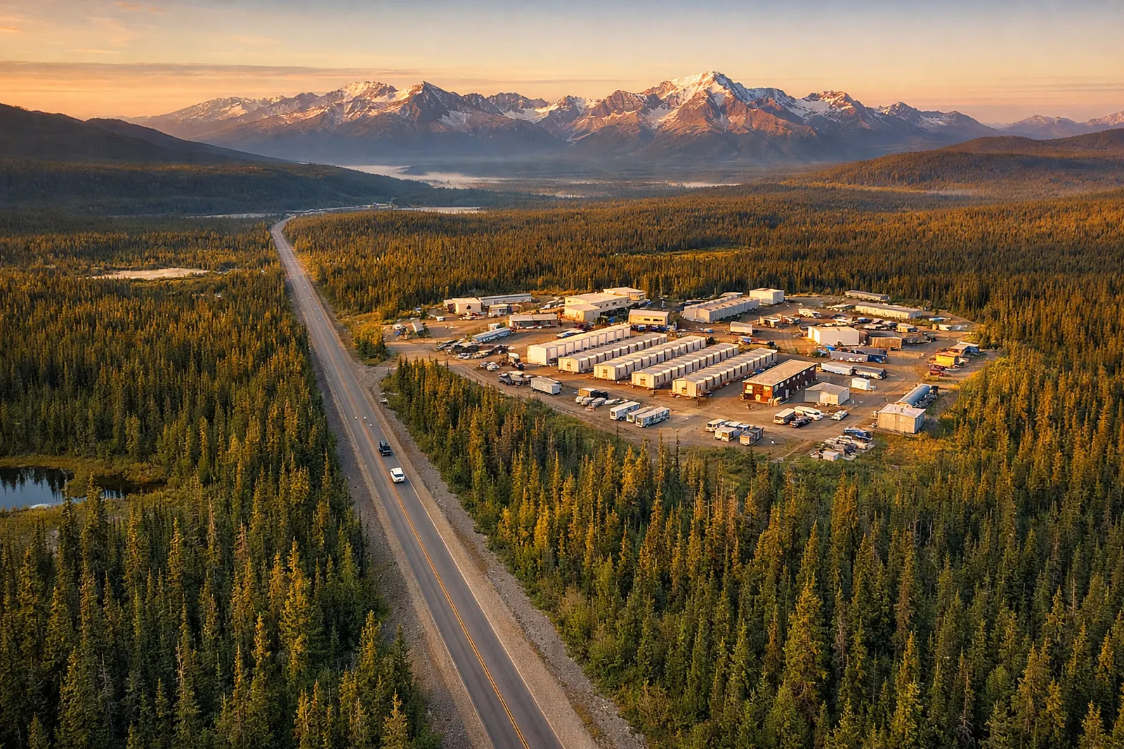 A remote work camp beside a highway through Canadian boreal forest