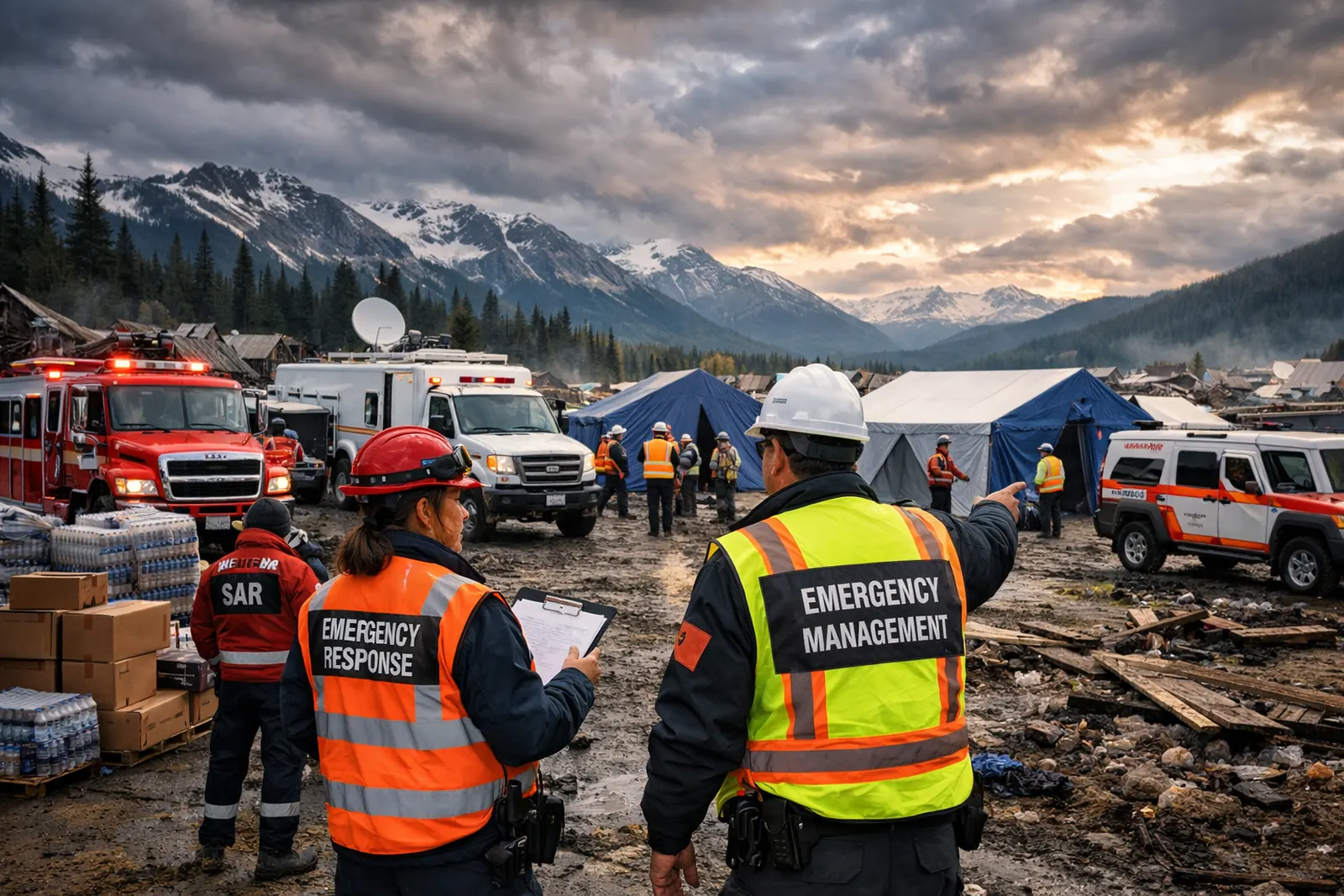 Emergency responders coordinating at a mountain staging area